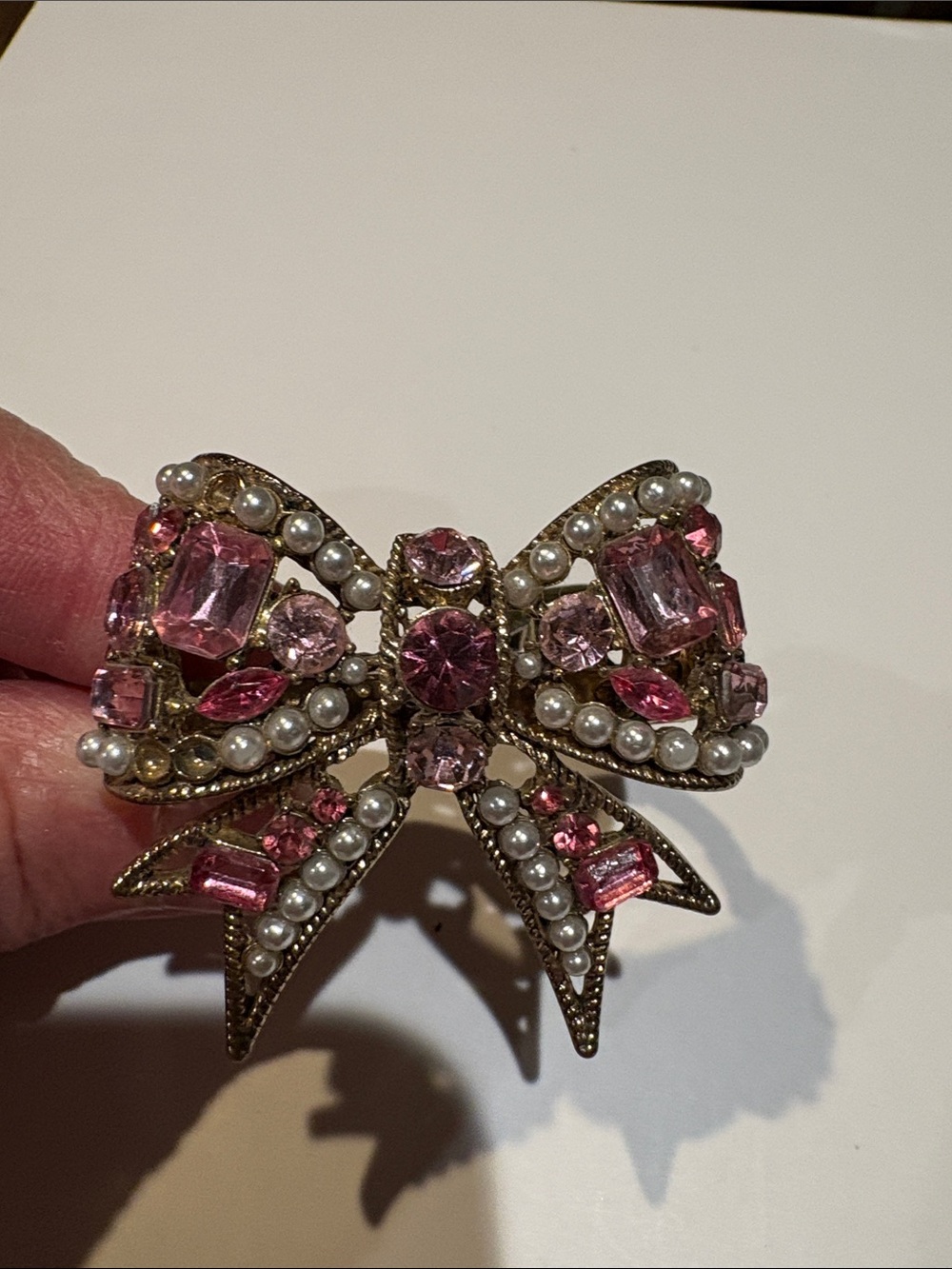 Betsey Johnson Pink Crystal & Pearl Bow Ring